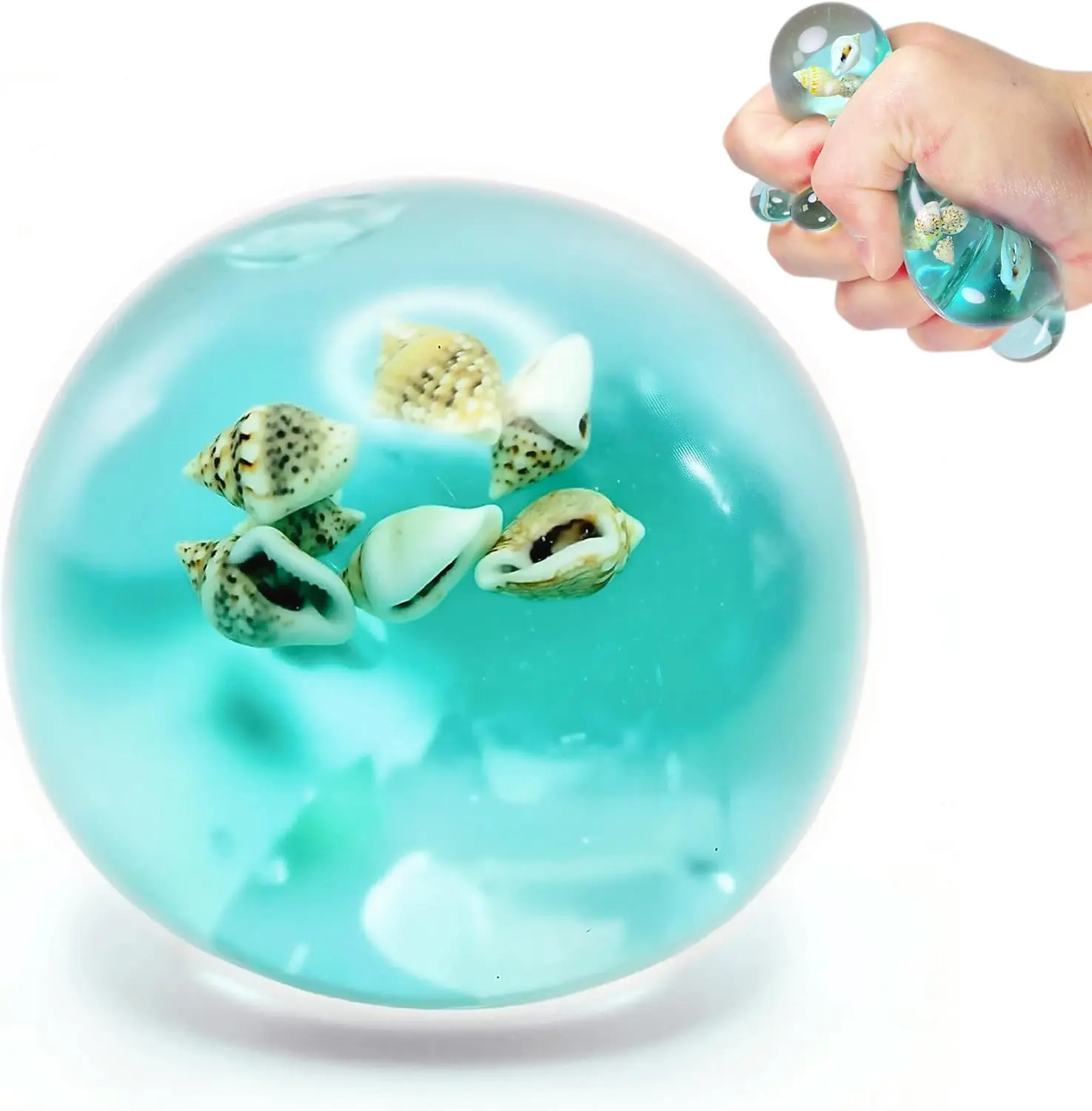 Ocean Shells Sugar Stress Ball for Kids & Adults | Soft Blue Water Sensory Squishy Fidget Toy with Real Shells, Anxiety Relief Squeeze Ball, Stress Relief Desk Toy, Calming Gift