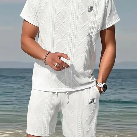 Men's 2-Piece Summer Casual Sports Clothing Set, Jacquard Texture Breathable Short-Sleeve Round Neck Top & Shorts, Easy Wear for Daily Leisure Running, Ideal Gifts for Him, 2 Piece Sets