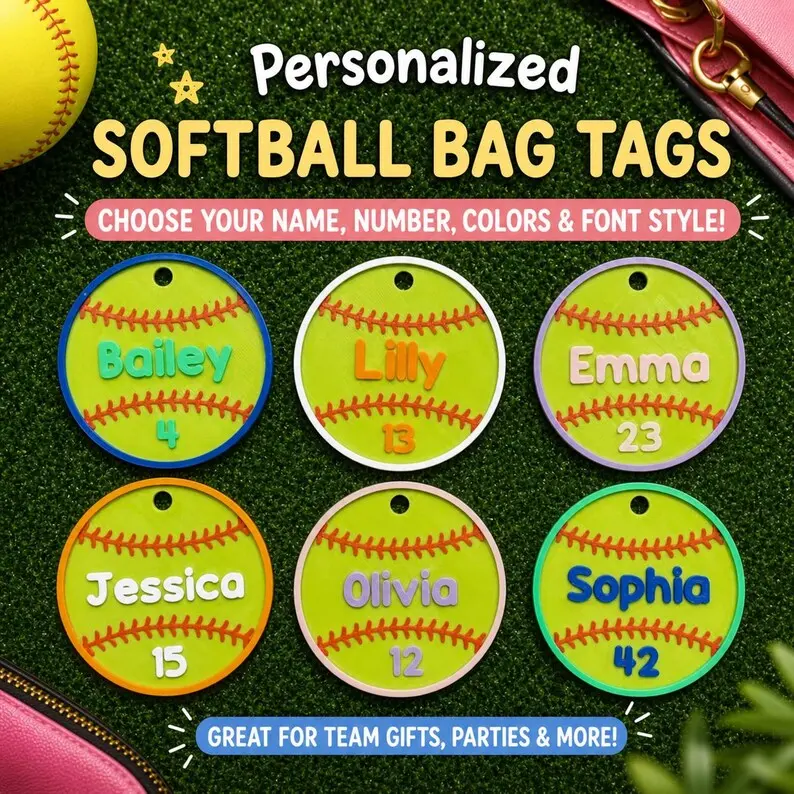 Personalized Softball Bag Tag w/ Clip & Ring | Custom Name Keychain | Team Gift, Sports Backpack Tag