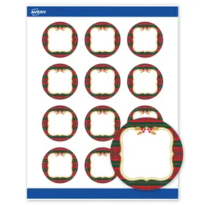 Avery® Printable Christmas Labels with Sure Feed® Technology, Round, 2" Diameter, Pre-Printed Red & Green Plaid with Metallic Gold Frame Design, Matte White, Laser & Inkjet Compatible, 120 Total