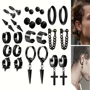 24-piece punk-style stainless steel earring set, unisex, cross-shaped dangling earrings with screw-back closures, suitable for everyday wear and gift giving