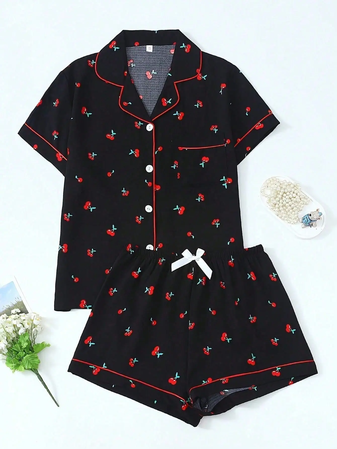 Women's Cute Cherry Print Short Sleeve PajamaPis, Pajamas Casual Home Loungewear, CasualComfortable Pocket Lapel Shirt & Elastic WaistShorts Nightwear Pajama Set, Ladies Sleepwearfor All Seasons, Loungewear, Shorts Pyjama Set