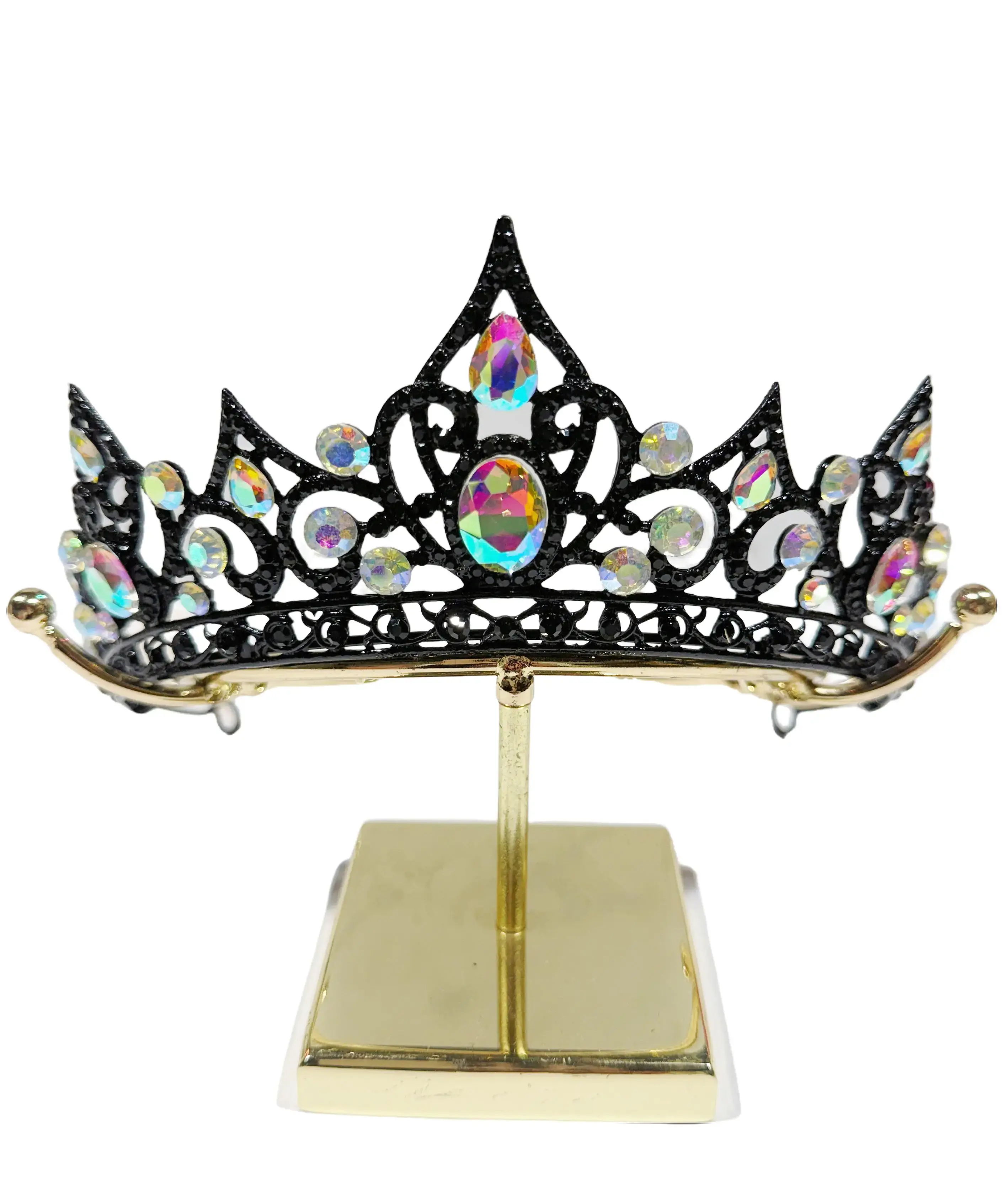 Female Gothic AB Rhinestone Crystal Tiara Crown - Elegant Princess Cut Dark Princess Accessory for Gothic Weddings, Halloween Queen Cosplay, Fashion, Metal, Nickel-Free, Party, Wipe Clean
