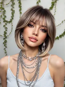 8-Inch Gradient Gold Bob Wig with Bangs, Suitable for Office, Dates, and Daily Styling, All-Season Straight Hair Extension