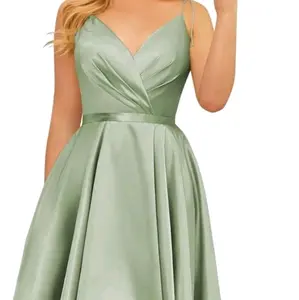 Vestidos de fiesta cortos/con bolsillos VT056, vestidos formales de satén verde salvia. Dress