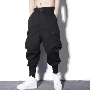 Loose Harem Pants Men Cargo Trousers Hip Hop Outdoor Casual Ankle Length Pant Fashion Streetwear Pocket Sweatpants Black Plain