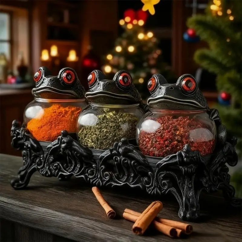 Handcrafted Witchy Frog Apothecary Spice Jars,Gothic Food Storage Containers, Frog Spice Jar Set for Salt Pepper and Herbs,3 Piece Spice Cellars, Kitchen Décor for Spices, Tea Leaves