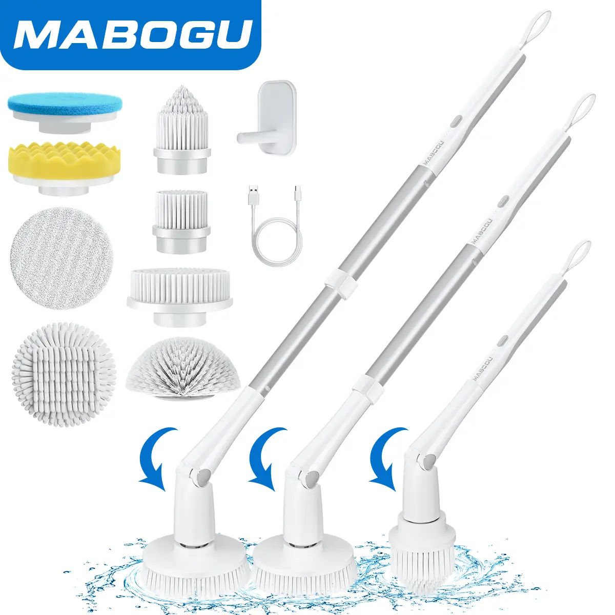 MABOGU Electric Spin Scrubber, Cordless Shower Scrubber with 8 Replaceable Brush Heads, Bathroom Scrubber Dual Speeds, Shower Cleaning Brush with Exte