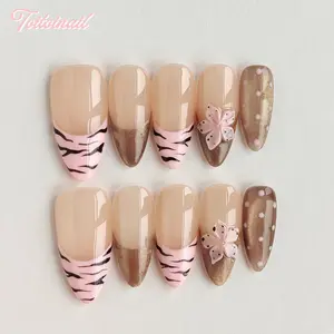 Tiger Bloom Handmade Press-On Nails | Short Almond Shape, 10pcs Handmade | Spring Summer Trending Nude Pink & Tiger Stripe Sakura Flower | Y2K Aesthetic & Baddie Nails | High Gloss Mirror Finish | Reusable DIY Manicure Kit for Women Daily Wear