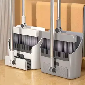 3-in-1 Rotating Broom & Dustpan Set with Stand-Up Storage, Soft Bristles for Hardwood & Tile Floors | Long Handle Space Saving Combo, Easy Home & Apartment Cleaning Kit (Gray)