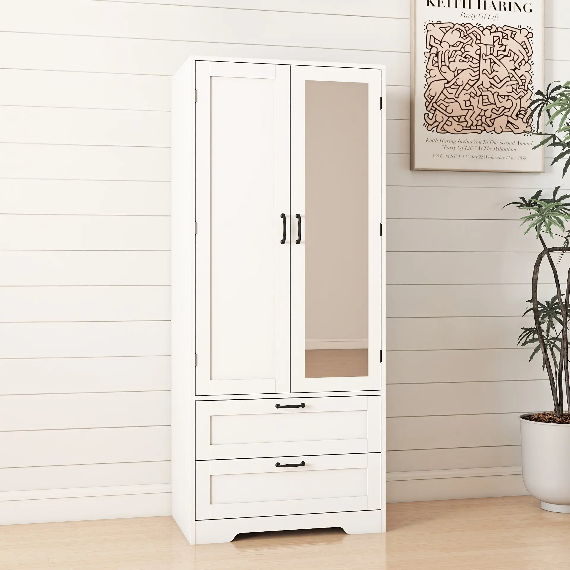 Modern 65.3" 2-Door Sliding Door Wardrobe Armoire with Mirror, 2 Large Drawers, Hanging Rod, Anti-Tip Kit, Indoor Furniture Storage Solution for Bedroom, Apartment