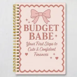 Budget Babe planner Monthly Budget Planner for managing finances and tracking expenses. It features a spiral binding, vibrant grid pattern, pink bow accent, and a savings-themed quote.