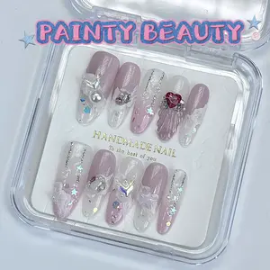 【A25】Almond shape french style fishtail Cat's Eye 3D Shell texture handmade press on nails