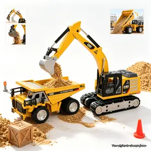 Mini RC engineering truck toy, 1/64 scale alloy excavator and dump truck with lights and sound, USB-C rechargeable remote control car kit, birthday gifts for boys, children, and adults
