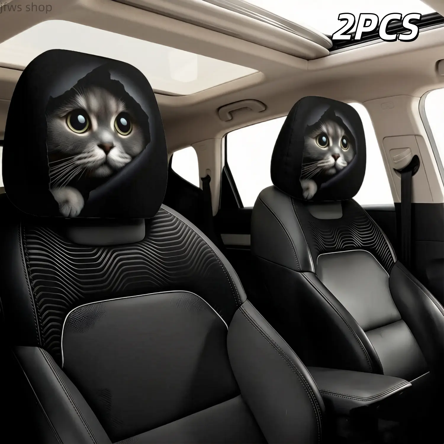 2-Pack Car Headrest Covers - Cute Cat Print, Universal Fit Seat Pillow Protector, Washable Girly Automotive Accessory, Easy To Install, Comfortable For Long Drives, Modern Street Style Vehicle Interior, Functional Car Seat Cushion