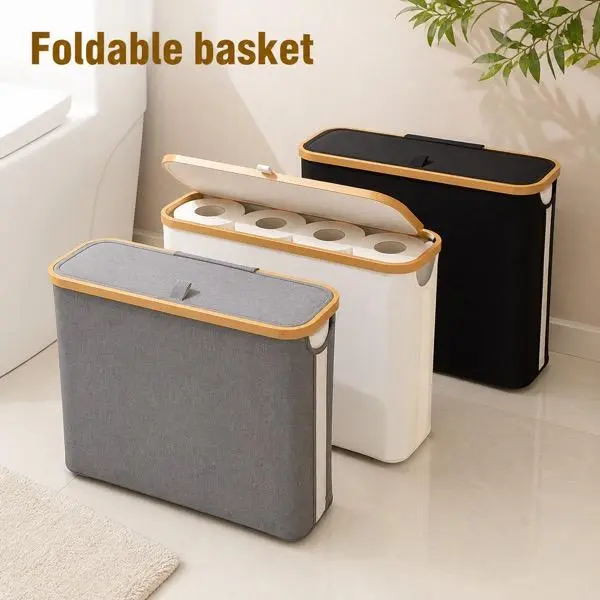 Foldable Toilet Paper Storage Basket for bathroom, guest bath and powder room, with foldable basket, bamboo lid