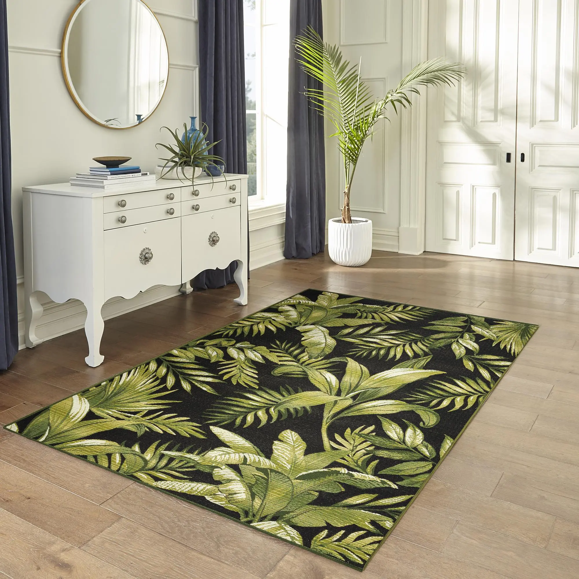 Lush Decor MARINA Indoor/Outdoor Power Loomed Synthetic Blend Low Profile Area Rug - Transitional Graphic Botanical Beach Camping  (Jungle Leaves)