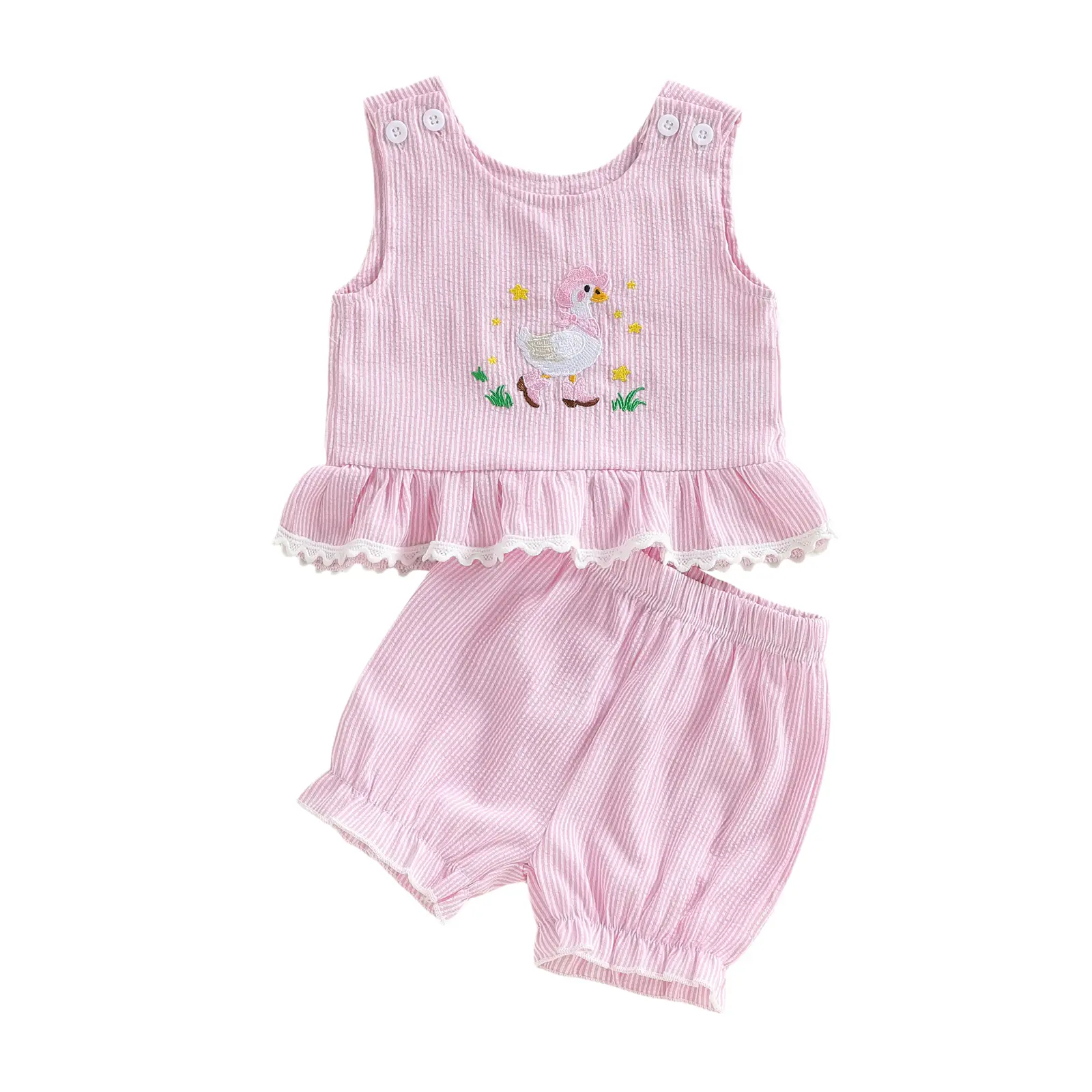 Toddler Girl 2-Piece Baby Clothing Summer Gift Set - Cute Goose Print Sleeveless Vest, Elastic Waist Bloomer Shorts, Cotton Blend Boho Casual Wear