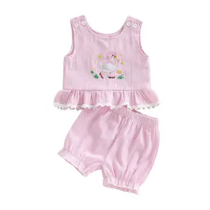 Toddler Girl 2-Piece Baby Clothing Summer Gift Set - Cute Goose Print Sleeveless Vest, Elastic Waist Bloomer Shorts, Cotton Blend Boho Casual Wear