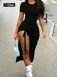 Women's Plain Ruched Drawstring Split Thigh Bodycon Dress, Lady Casual Asymmetrical Round Neck Shortsleeve Dress for Party Club Dating Wear, Women's Dress for Summer, Womenswear, Minimalist Date Night Dresses, Bodycon Side Slit, Formal Bodycon Dress