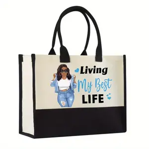 1pc Large Capacity Tote Bag - Living My Best Life Design with Stylish Woman & Heart Graphic, Durable Canvas, Black Handles, Perfect for Shopping, Travel, Picnics, and Daily Use - Ideal Gift for Grandma, Family, Friends, Teachers - Christmas, Halloween, B