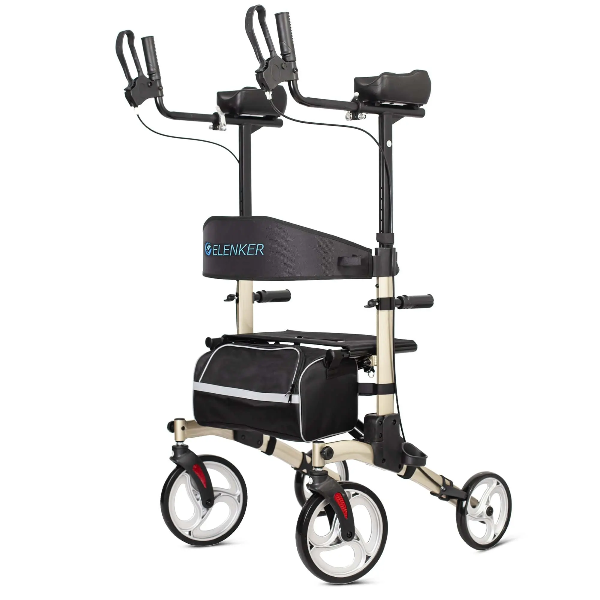 ELENKER All-Terrain Upright Rollator Walker for Seniors, Adjustable Handle Bar, Breathable Mesh Seat, 12-inch Non-Pneumatic Shock Absorption Non-Slip Tires, Foldable Compact Design, Portable Durable for Traveling, HFK-9240