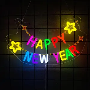 Happy New Year Neon Sign LED Holiday Lights Christmas Wall Decor, Colorful Festival Letters, Festive Xmas Decoration, Home & Party Supplies