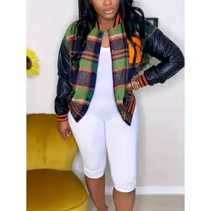 Plus-size letter-print checkered pattern comparison PU leather sports jacket, women’s plus-size elastic casual jacket, women’s down jacket, kimono set, non-elastic fabric concert denim jacket Coats Tops