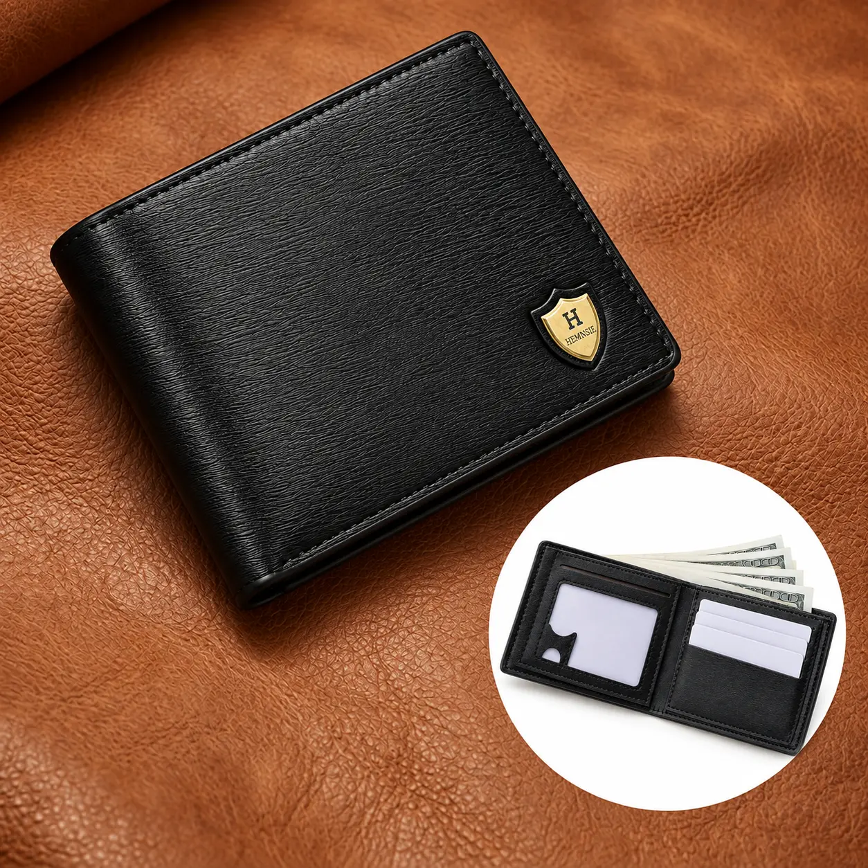 Men’s Classic Bifold Wallet – Slim Textured Short Wallet with Metal Shield Emblem, Multiple Card Slots and Cash Compartment