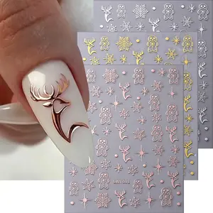 3 Sheets Christmas Reindeer Nail Art Stickers, 3D Deer Snowflake Gingerbread Man DIY Self-Adhesive Nail Decals, Holiday Gift for Women & Girls