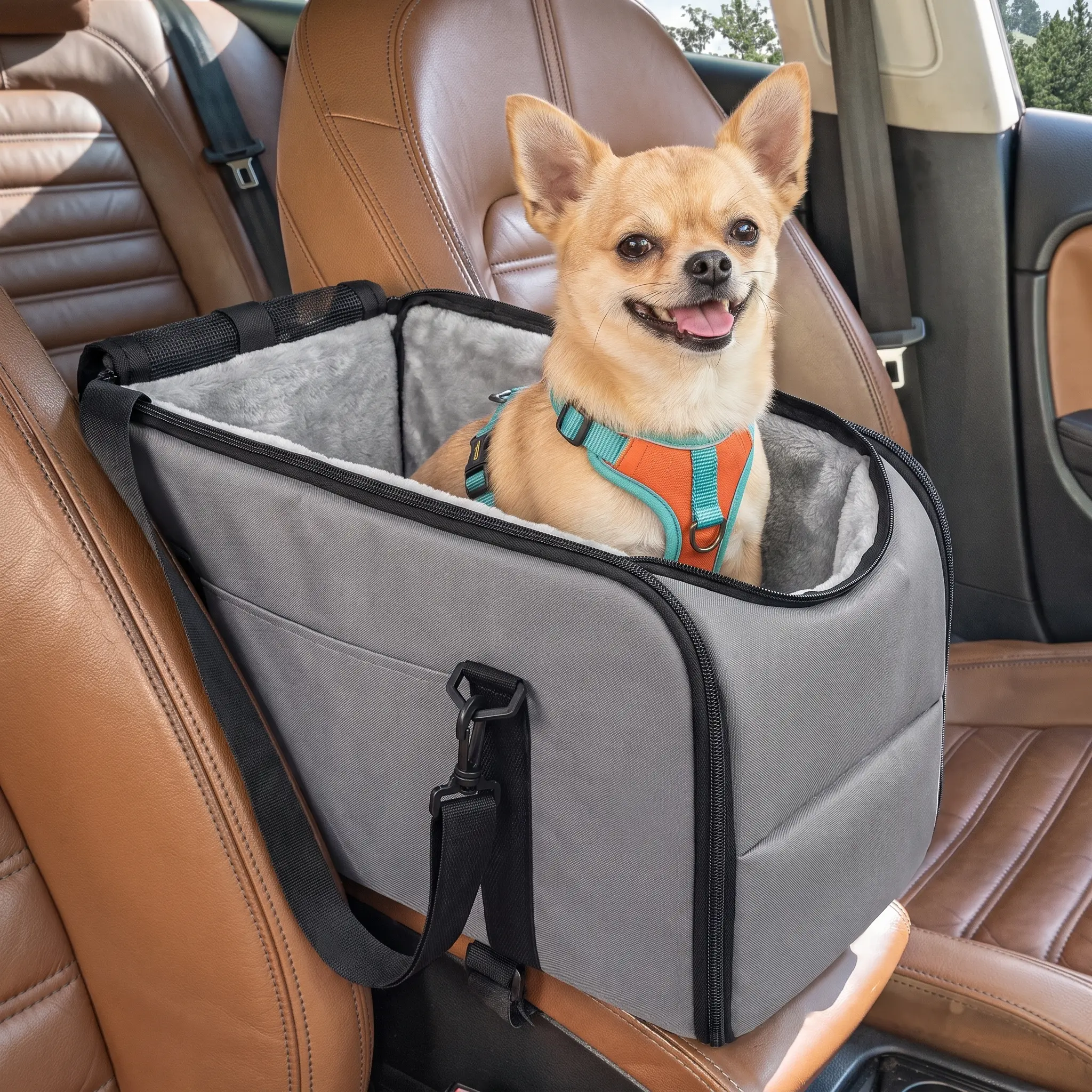 Small Dog & Cat Center Console Car Booster Seat (Under 12lbs) - Protective Hook, Safety Leash, Adjustable Strap, Anti-Fouling Washable Cushion, Comfort Sponge, Non-Slip Base, Portable for Car/Truck Use