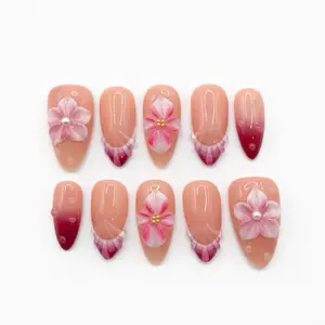 Press On Nails  Petal Tide , Medium Almond, Nude Blush Base, Pink Ombré Tips, 3D Flower Accents, Pearl Centers, Dew Drop Details, Glossy Finish Prette Nail Studio