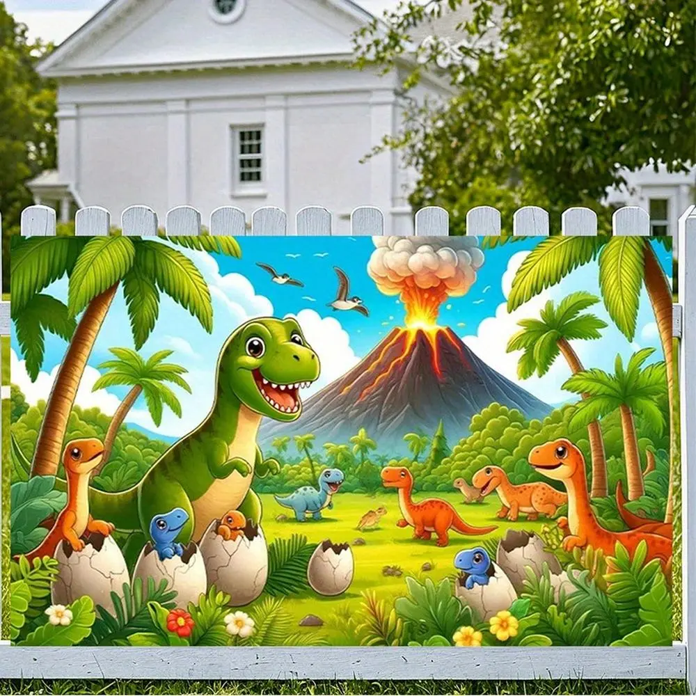 1PC Polyester Reusable 2D Flat Backdrop Banner, Cartoon Dinosaur-Themed Festive Decor with Jurassic Volcanic Jungle Hatching Scene, for Kids' Birthday Parties,summerwins