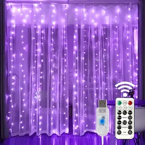 300 LED Purple Curtain Fairy Lights with Remote, 8 Modes 9.8 x 9.8 Ft USB Plug in Copper Wire Lights for Bedroom Window Chrismas Wedding Party