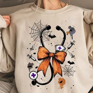 Halloween Stethoscope Bow Sweatshirt, Retro Halloween Bow Nurse Sweater, Cute Nursing School Shirt, Funny Nurse Shirt, RN Student Gift, Nursing Life Graphic Shirt, Womenswear Top