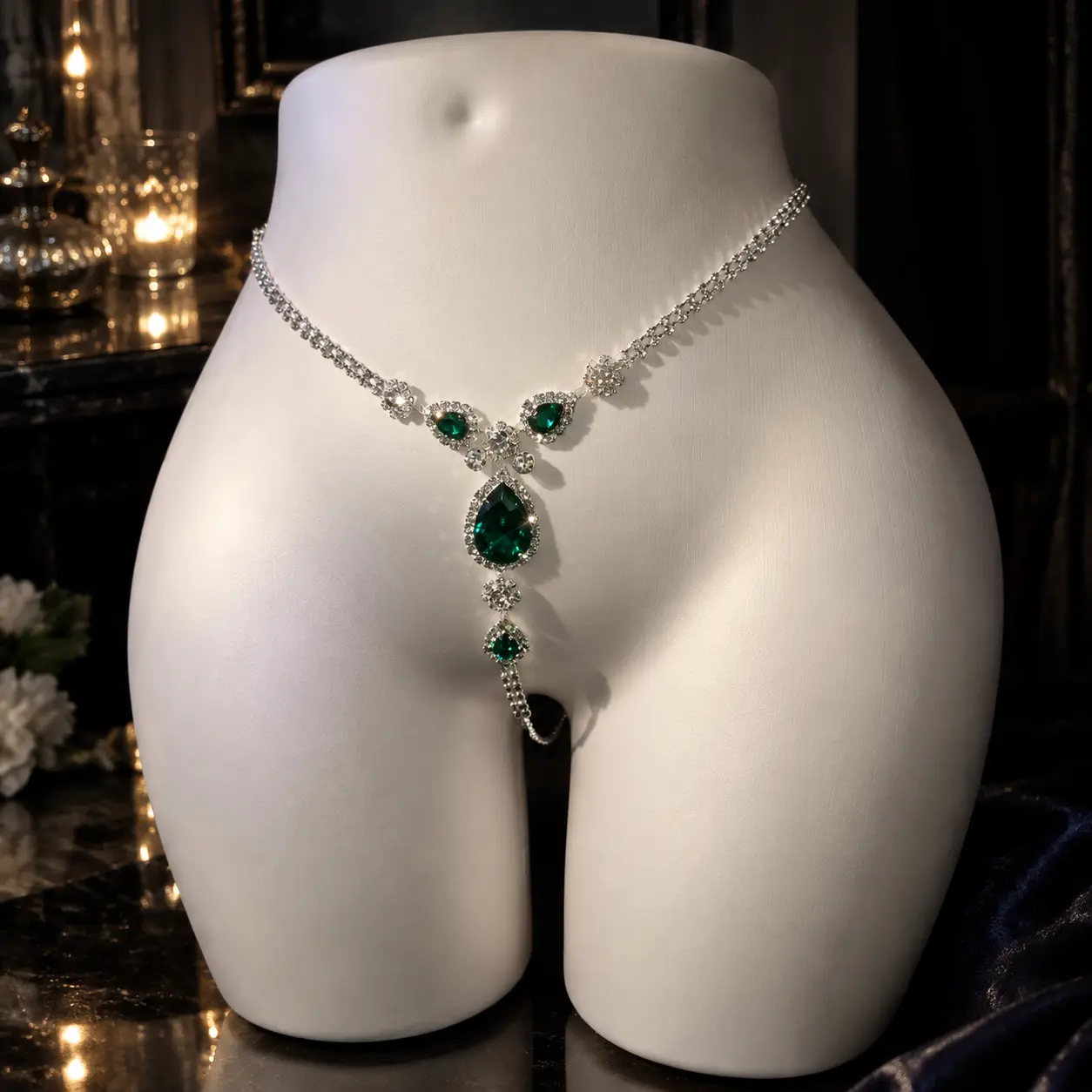 Women’s CZ Belly Chain, Gold & Silver Waist Chain with Green Crystal Pendant, Fashion Body Jewelry