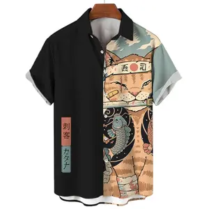 Samurai Cat Hawaiian Shirt Streetwear, Graphic Stylish Harajuku Collared Aloha Top, Retro Casual Shortsleeve Tropical Polyester Menswear