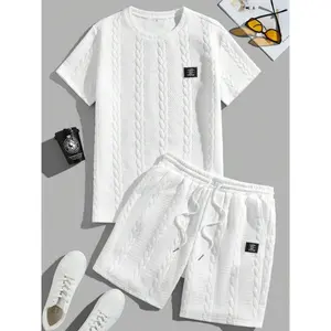 Men's Solid Textured Patched Tee & Drawstring Waist Shorts Set, Regular Fit Round Neck Short Sleeve T-Shirt & Pocket Shorts, Men's Summer Casual Outfit Set