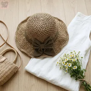 SoftFav 2026  French Sun Hat for Women - Ruffled Bow Foldable Breathable UPF 50+ UV Protection Handwoven Natural Straw Summer Outdoor Accessory