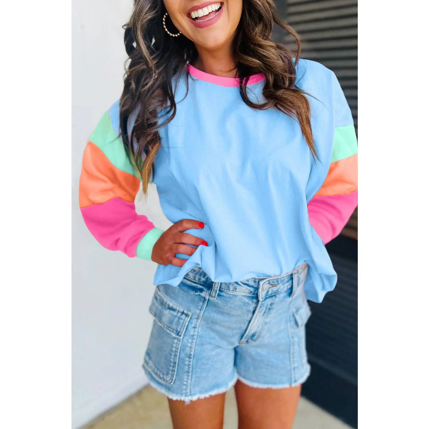 Dark Blue Colorblock Patchwork Long Sleeve Loose Top Comfortable Crewneck shirt for Fit Womenswear Hoodie Sweatshirts