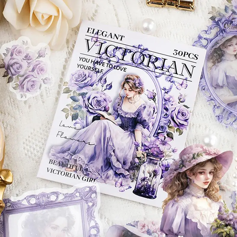 Vintage Girl Pattern Stickers, 30 Sheets/Pack PET Waterproof Self Adhesive Material Sticker, Scrapbook Decorative Stickers, Bedroom Decor