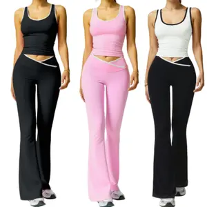 Women's Two-Piece Set Colorblock Contrast Binding Crop Tank Top & Flare Leg Pants Tracksuit Set Scoop Neck Sleeveless Top Cross Waist Bell Bottom Trousers Work Out Sets Women Flared Joggers Fitness Clothing