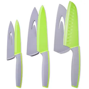 3-Piece Colorful Kitchen Knife Set | Chef’s, Santoku & Utility Knives | Apple Green & Sky Gray with Protective Sheaths & Soft-Grip Handles