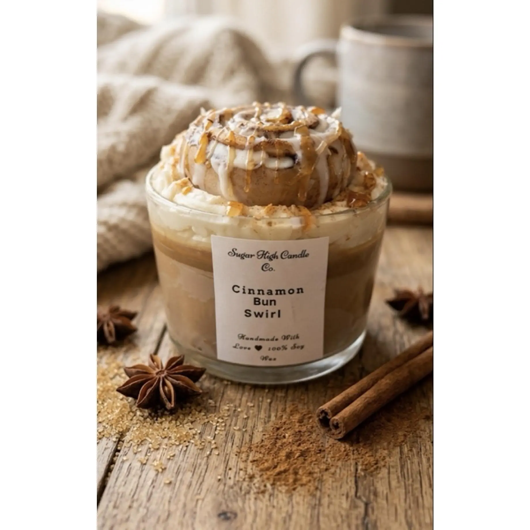 Sugar High Candle Co. Cinnamon Bun Swirl Handmade with Love 100% Soy Wax Candle