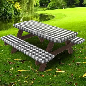 3pcs Picnic Table & Bench Covers Set Stretchable Plaid Design for Camping Dining Outdoor Park Patio