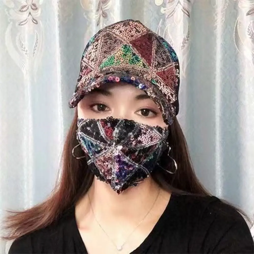 Black, plaid sequined mesh cap + mask.