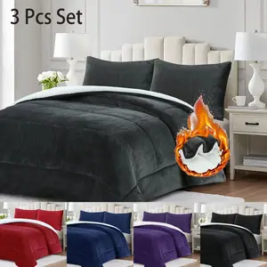 Luxury 3-PC Winter Fleece Blanket Sherpa & Flannel Comforter Set | Solid Color Plush Blanket, Ultra Warm Bedding with Thermal Insulation for Cold Nights