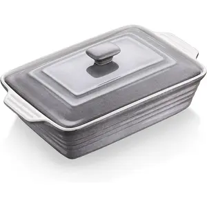 4.5 Quart Ceramic Casserole Dish with Lid, 9x13 Baking Dish for Oven, Lasagna Pan Deep with Handles, Stoneware Bakeware, Oven & Dishwasher Safe, Grey