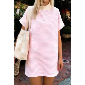 Pink Stripe Cuffed Short Sleeve Contrast Mock Neck Tee Dress