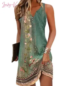 Chvity Womens Summer Dress 2026 Casual Button Down V Neck Sleeveless Boho Floral Beach Sundresses Vacation A-Line Dresses